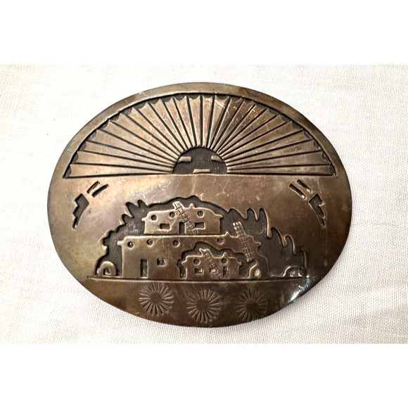 Native American Sterling Silver THOMAS Belt Buckle 54 gr Engraved Village Scene - Picture 1 of 6